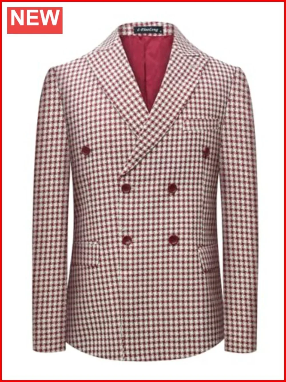 Men's Houndstooth Double Breasted Suit Jacket Slim Fit Tuxedo Coat